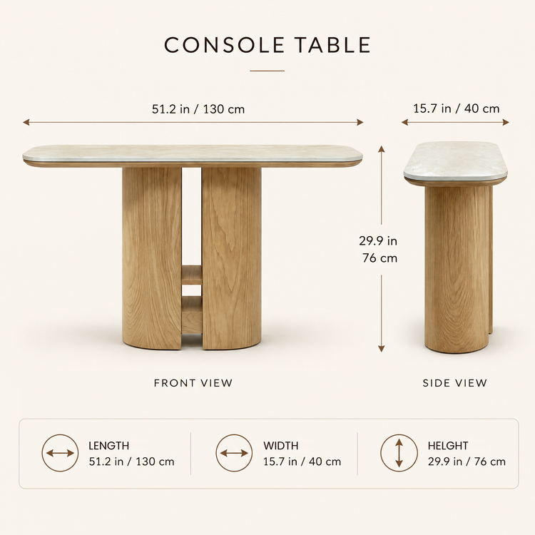 Dimension diagram showing front and side views of a wood console table.