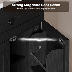 Black cabinet corner shown with a magnetic door catch detail
