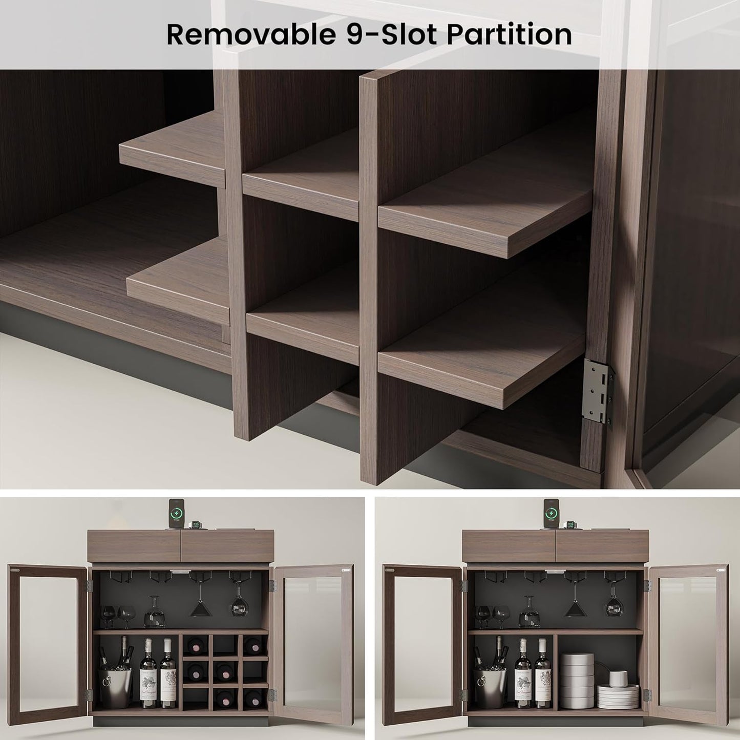 Whisper Series Coffee Bar Cabinet with LED, Charging & Wine Rack, Walnut