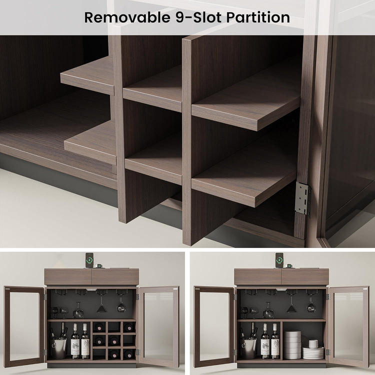 Whisper Series 33.6" Coffee Bar Cabinet with LED, Charging & Wine Rack, Walnut