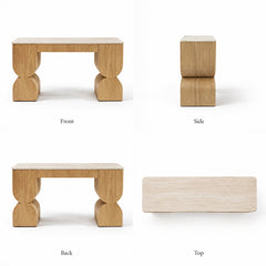 Front, side, back, and top views of a wood table with sculpted legs and a pale rectangular top.