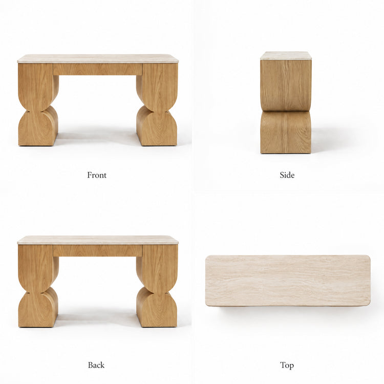 Front, side, back, and top views of a wood table with sculpted legs and a pale rectangular top.