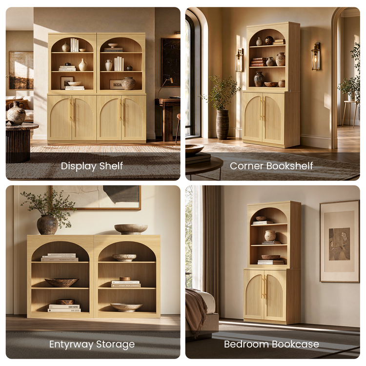 [Pre-Sale] Harmo Block 70" Arched Bookcase with Doors,  Hall Tree & Entryway Cabinet, Natural Wood