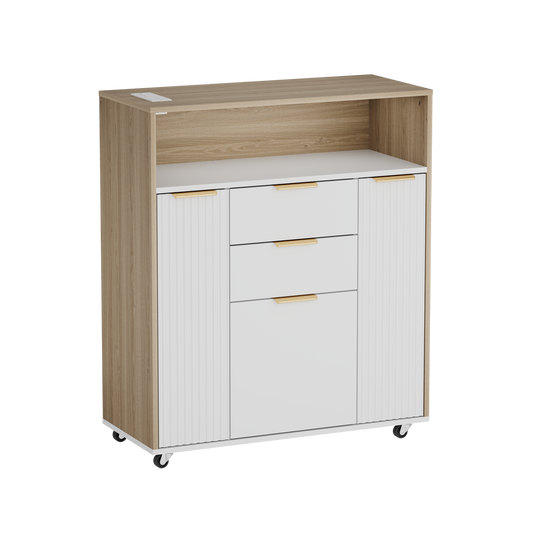 37" Fluted Storage Cabinet Rolling Sideboard Buffet Light Walnut