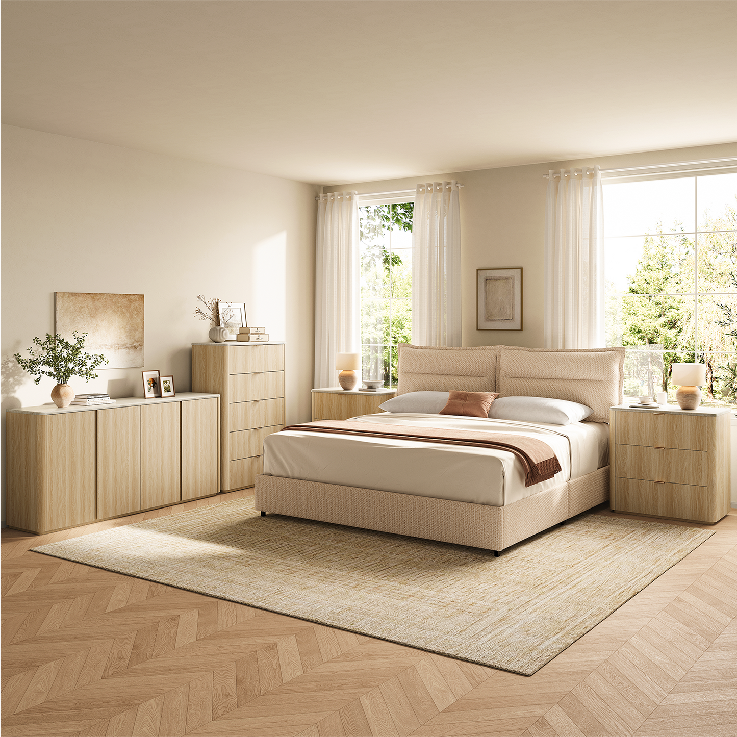 Travertine Wood 4-Door Handleless Soft-Close Sideboard