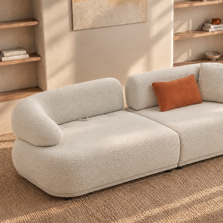Cream Teddy Fabric 3-Seater Sofa with Cylindrical Armrests