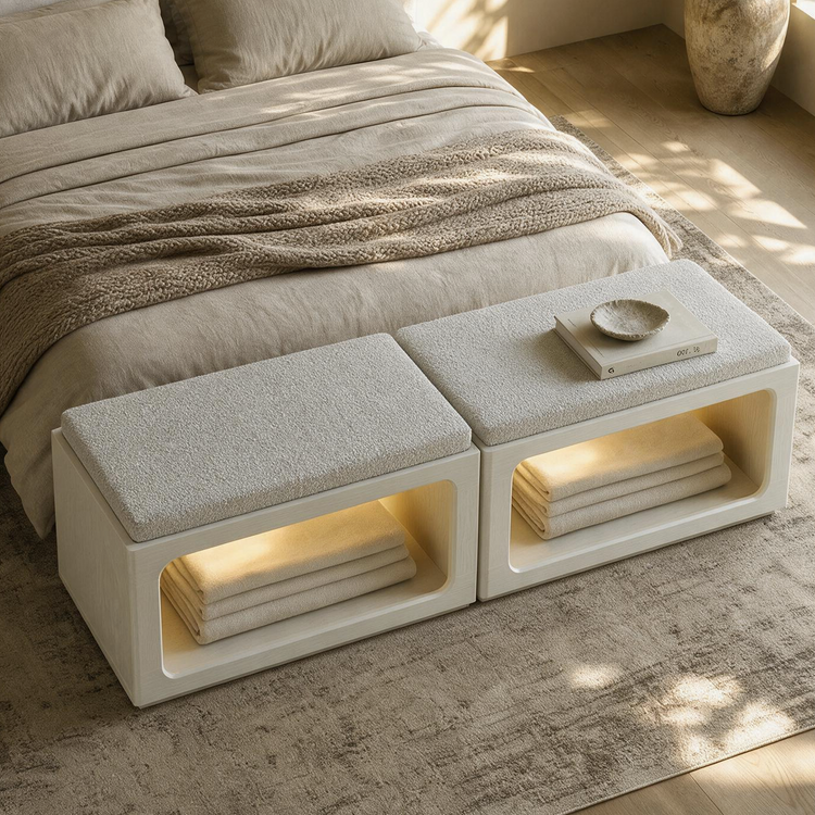 Two white storage units have textured top cushions and illuminated open cubbies