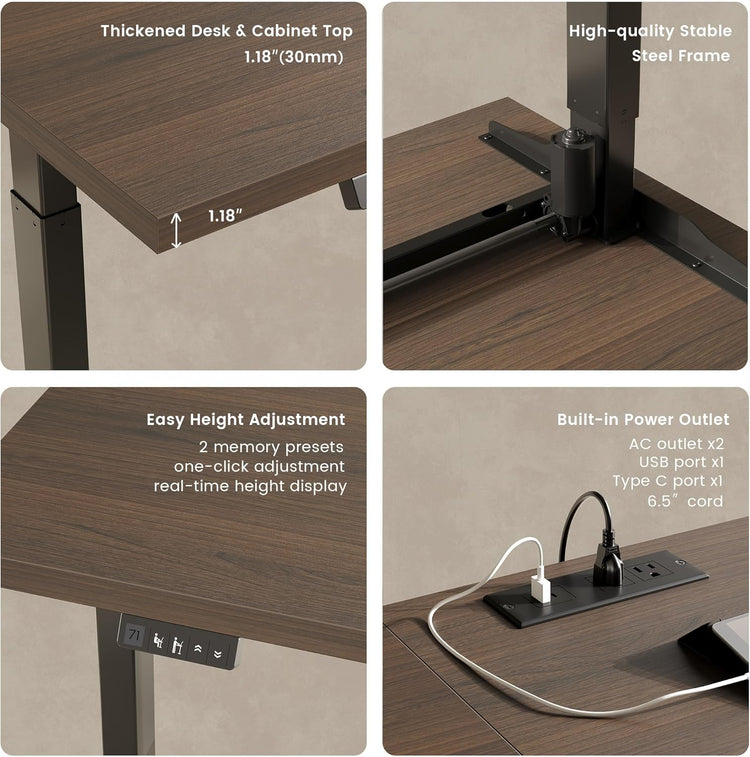 Four panels show a desk surface, support frame, control panel, and power strip