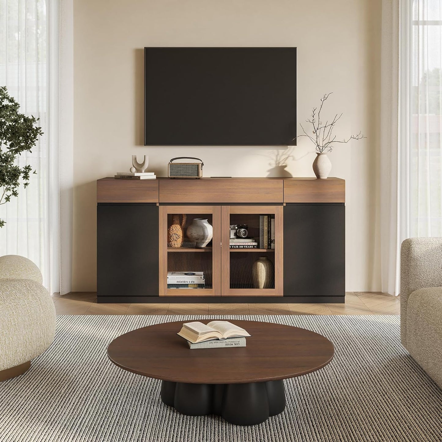 Whisper Series 60" Buffet Cabinet with LED, Glass Doors & Storage