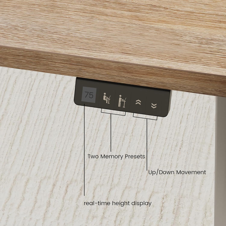 A desk controller shows 75 on its display beside memory icons and up-down arrow buttons