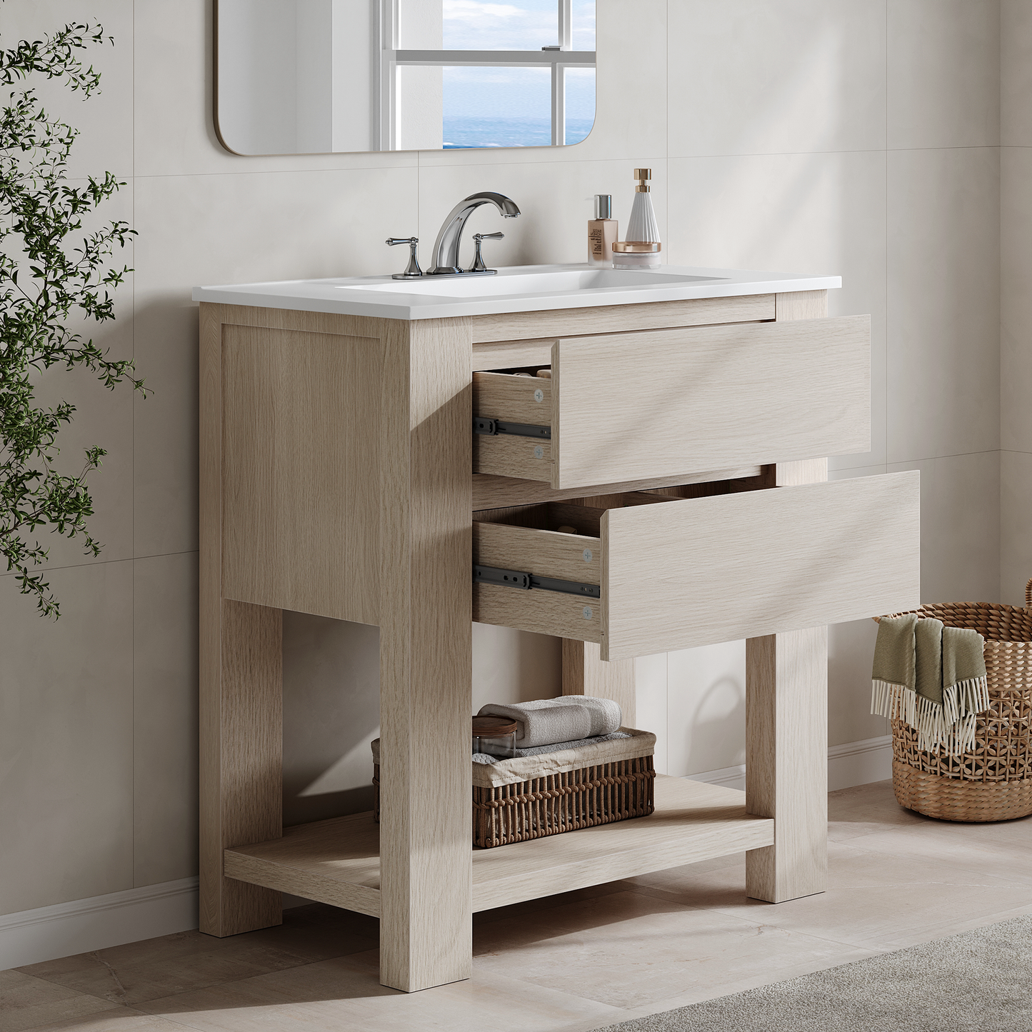 Nolan 30" White Oak Freestanding Vanity with 2 Drawers & Integrated Sink