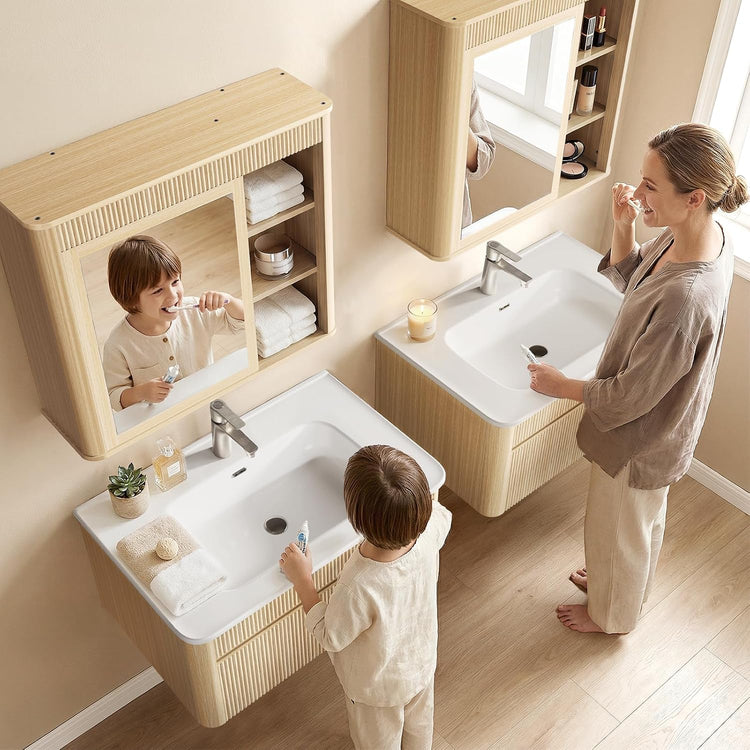 30" Floating Bathroom Vanity and Mirror Medicine Cabinet Combo, Fluted Solid Wood Wall Mounted Set