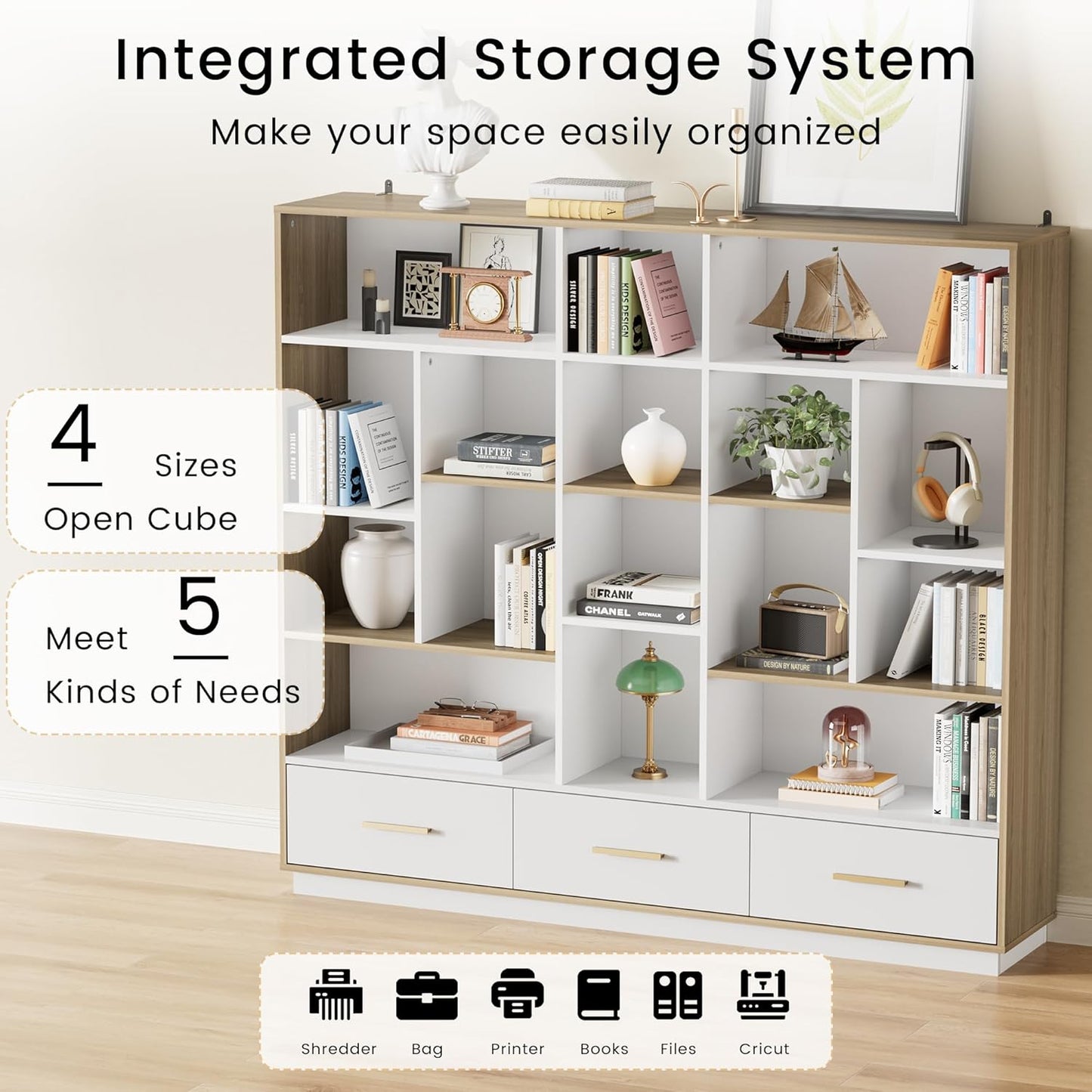 60" Bookshelf with Drawers, White Walnut Cube Storage Organizer