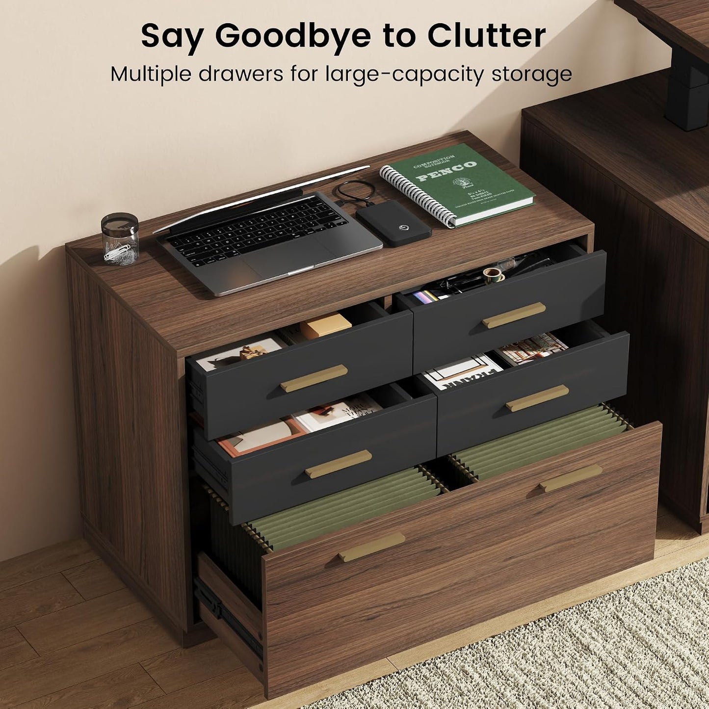 59" L‑Shaped Electric Executive Standing Desk with 5 Drawers & File Cabinet, AC/USB Ports