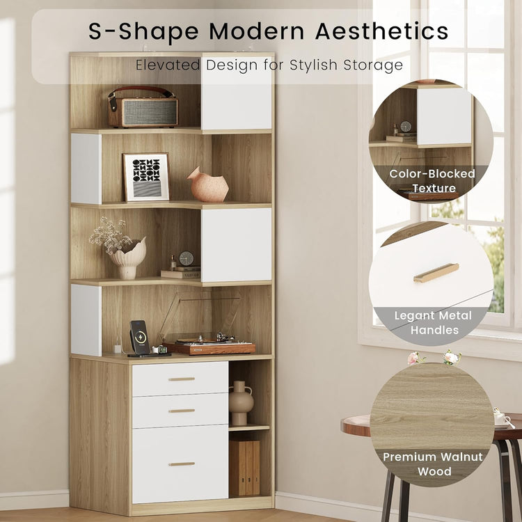 74.4" Tall L-Shaped Corner Bookshelf, 7-Tier Bookcase Light Walnut