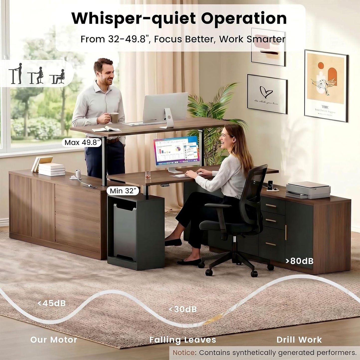 59" Electric Standing Desk L Shaped Executive Desk with Drawers & Power Outlets