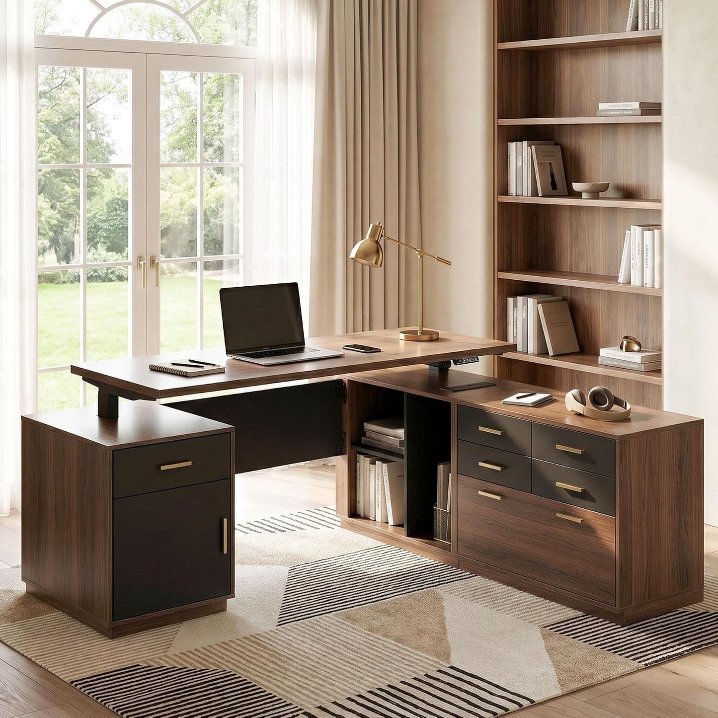 59" L‑Shaped Electric Executive Standing Desk with 5 Drawers & File Cabinet, AC/USB Ports