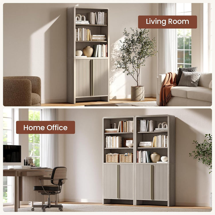 Tall storage cabinet shown in several furnished room arrangements