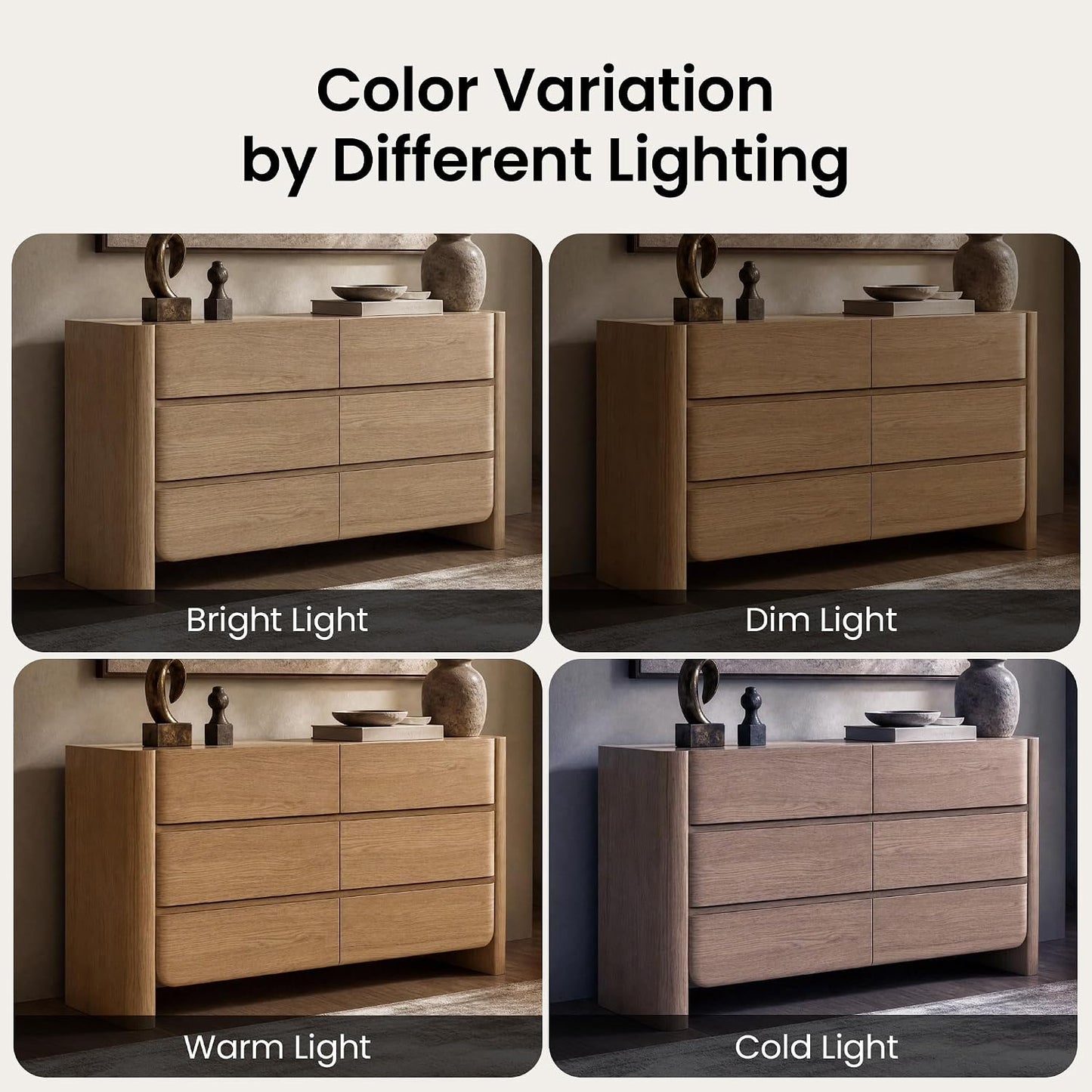 55" 6 Drawer Dresser Thick Rounded Side Panels Drawers