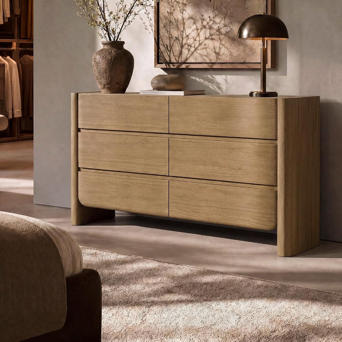55" 6 Drawer Dresser Thick Rounded Side Panels Drawers