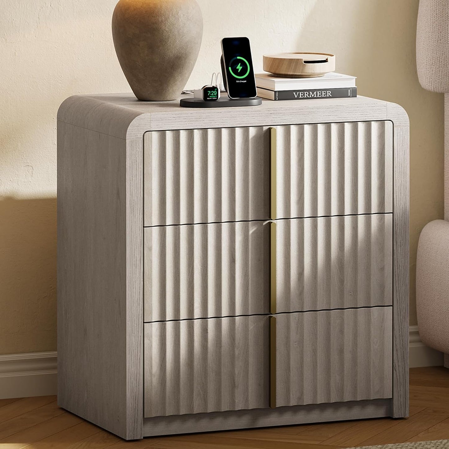 Caly 23.6" Modern Nightstand Fluted Wood Bedside Table