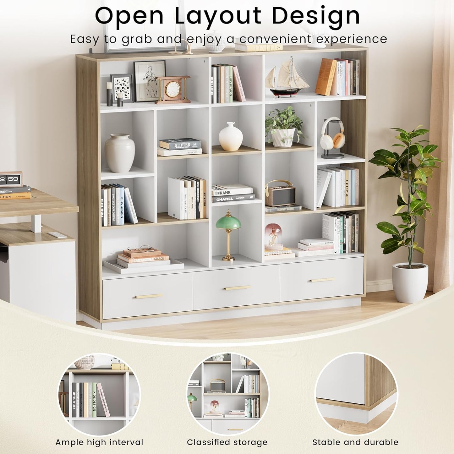 60" Bookshelf with Drawers, White Walnut Cube Storage Organizer