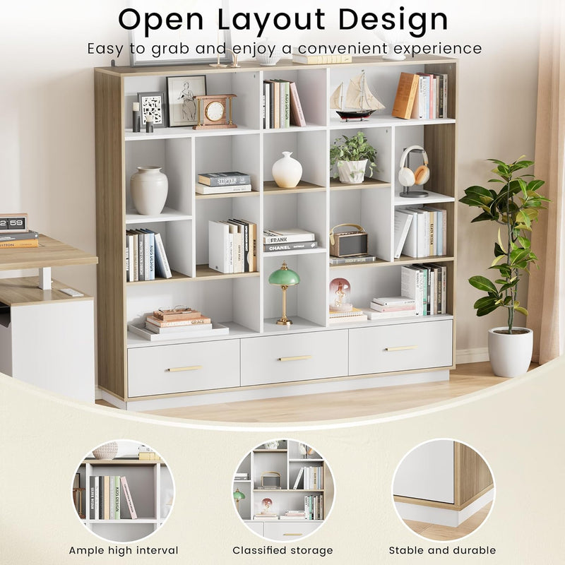Feature graphic of a white and light wood-tone bookcase with staggered cubbies, three bottom drawers and detail insets