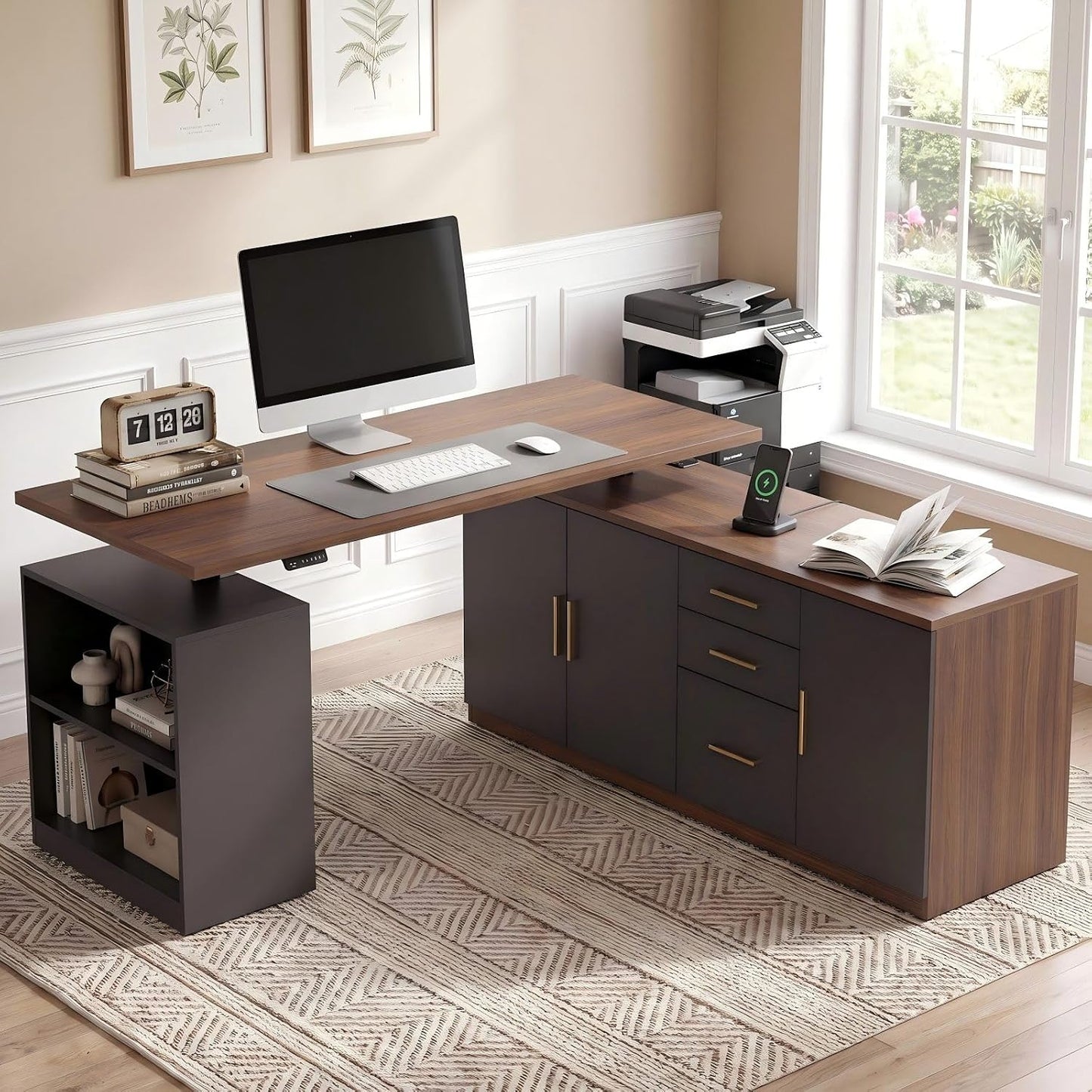 59" Electric Standing Desk L Shaped Executive Desk with Drawers & Power Outlets