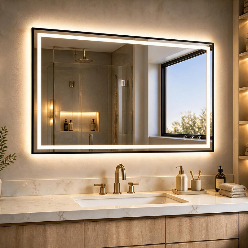 Rectangular black-framed bathroom mirror with illuminated border above a vanity sink.