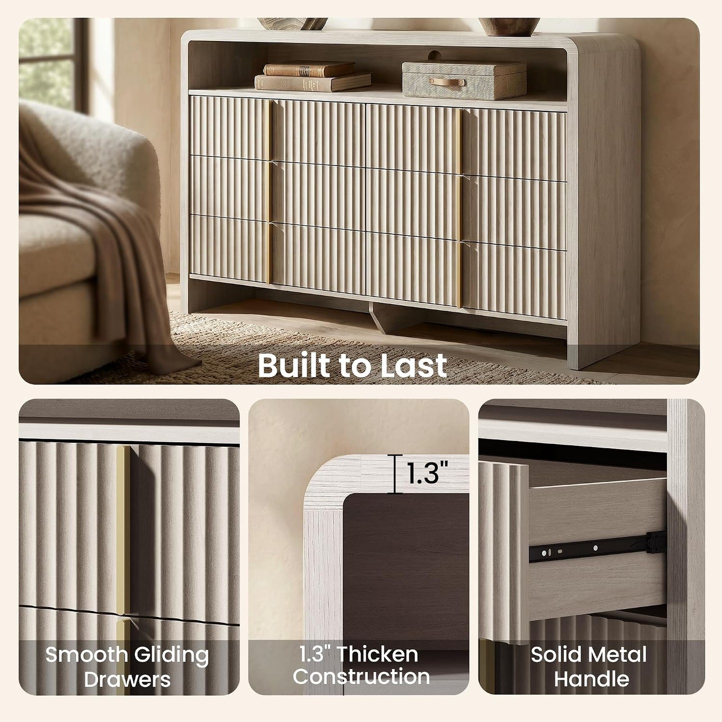 Caly 53.2"  Fluted Wood 6 Drawer Dresser with Open Shelf