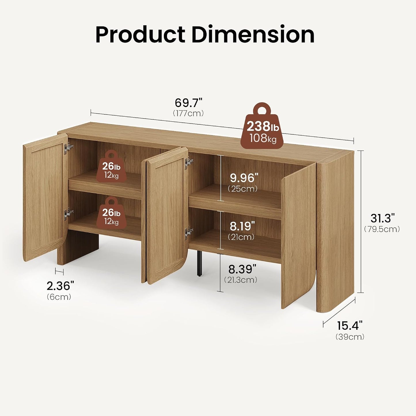 70" Sideboard Cabinet with Storage, 4 Doors Buffet Cabinet