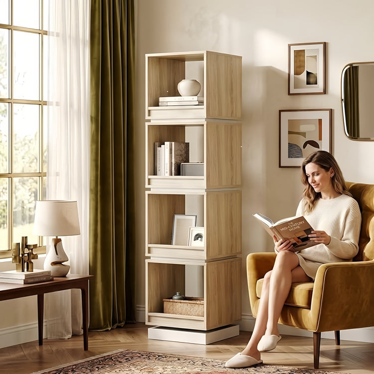 Tall bookshelf shown in a furnished room