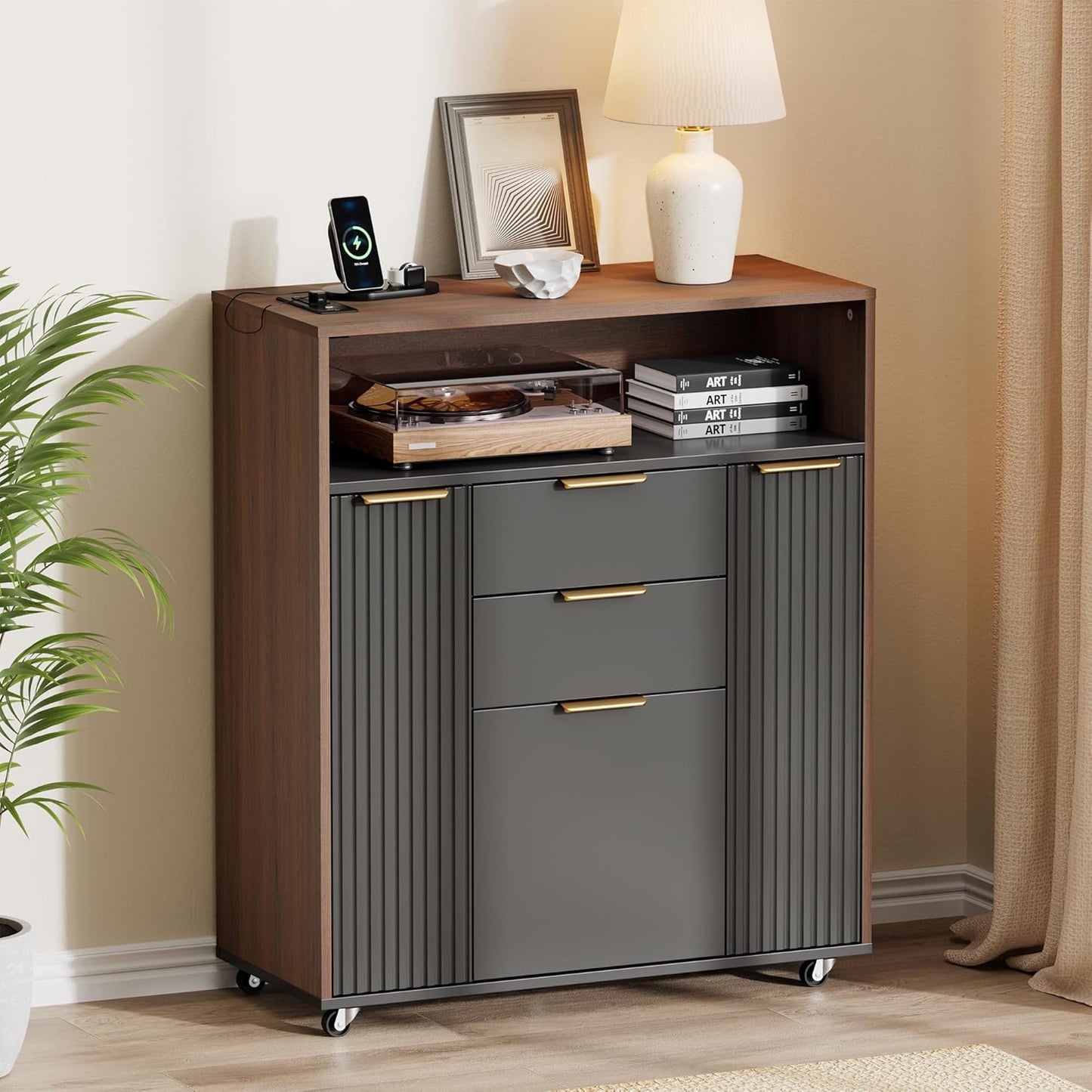 37" Fluted Storage Cabinet Rolling Sideboard Buffet Black Walnut