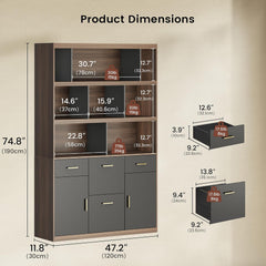 Dimension diagram of a tall cabinet with shelves, doors, drawers, and two drawer details.