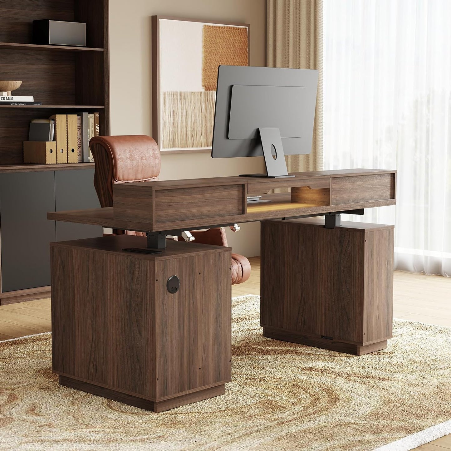 63" Electric Executive Standing Desk with LED Lighting, Monitor Riser & File Cabinet, Black Walnut