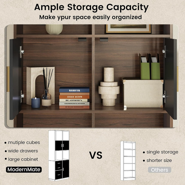 74.6" Tall Bookcase with 3 Drawers & Doors, Modern Bookshelf with Adjustable Shelves