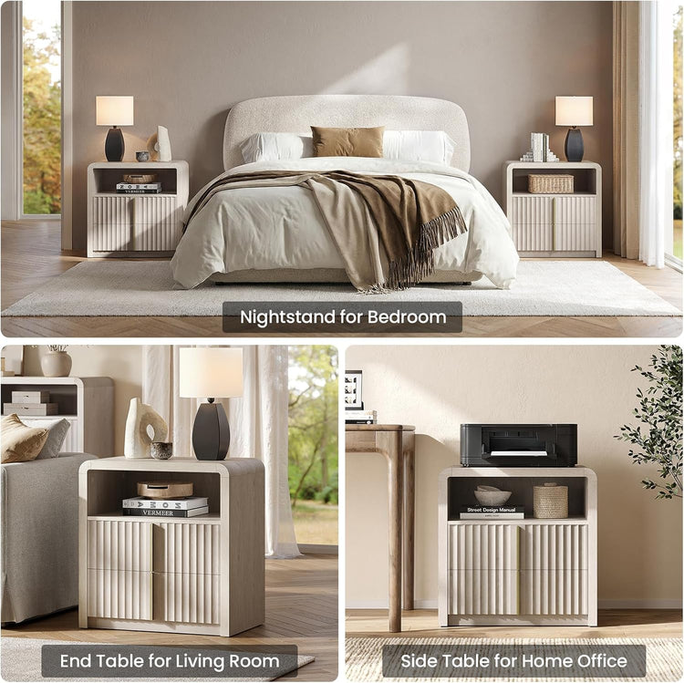 Caly 23.6" White Alder Finish Fluted Curve Nightstand-2Pcs