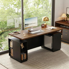 Wood-tone executive desk with dark pedestal storage, open book shelves and a tall computer compartment beside large windows
