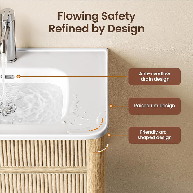 30" Floating Bathroom Vanity and Mirror Medicine Cabinet Combo, Fluted Solid Wood Wall Mounted Set