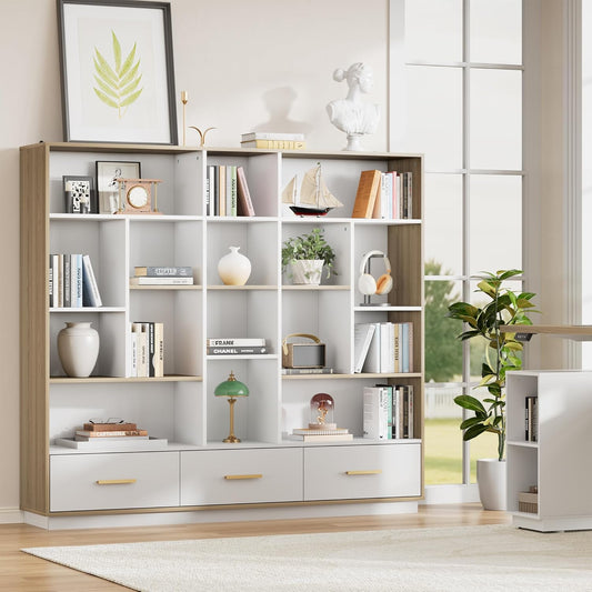 60" Bookshelf with Drawers, White Walnut Cube Storage Organizer