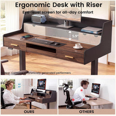 Dark brown desk with drawers, an open cubby and a raised monitor shelf, above side-by-side views comparing upright and forward-leaning seated postures.