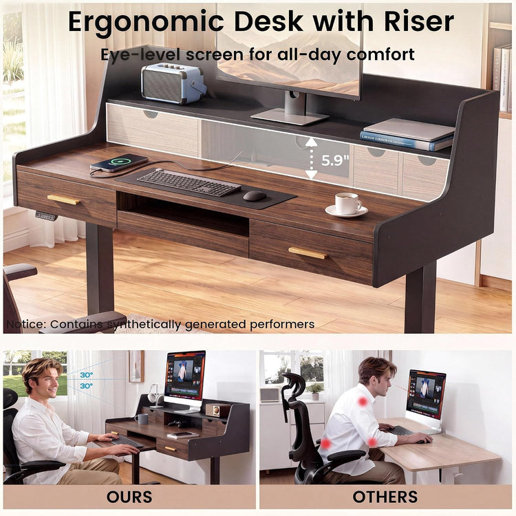 Dark brown desk with drawers, an open cubby and a raised monitor shelf, above side-by-side views comparing upright and forward-leaning seated postures.