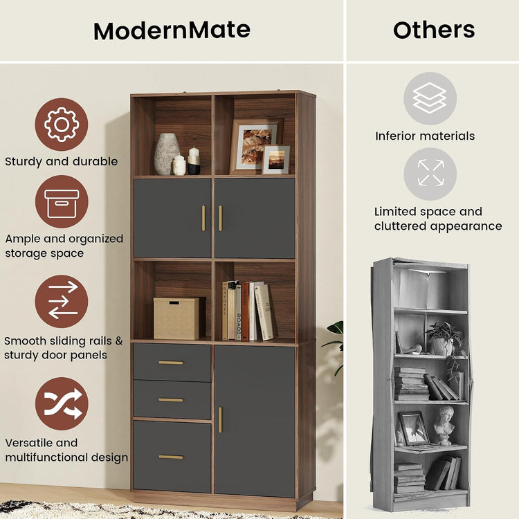 74.6" Tall Bookcase with 3 Drawers & Doors, Modern Bookshelf with Adjustable Shelves
