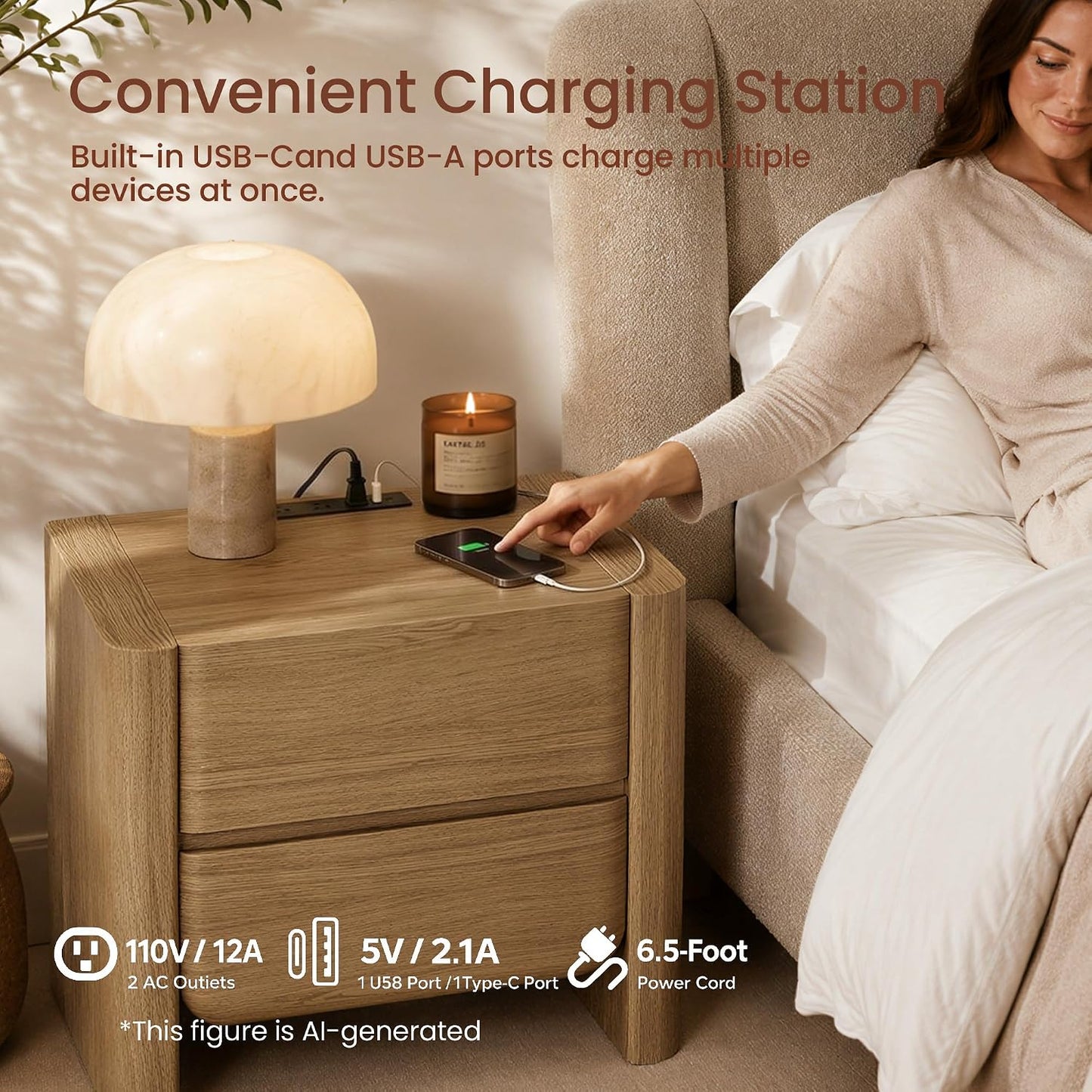 26" Nightstand with Charging Station, Large Bedside Table