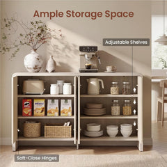 Open cabinet displays shelves and stored kitchenware, Graphic includes shelf arrows and three feature labels