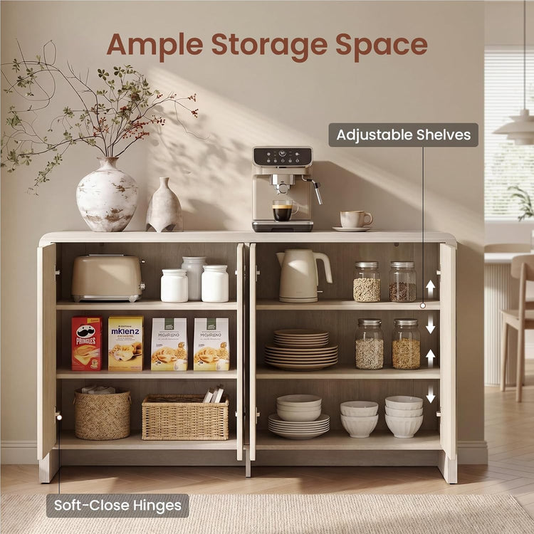 Open cabinet displays shelves and stored kitchenware, Graphic includes shelf arrows and three feature labels