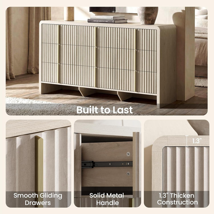 A fluted drawer cabinet is shown above three feature close-ups