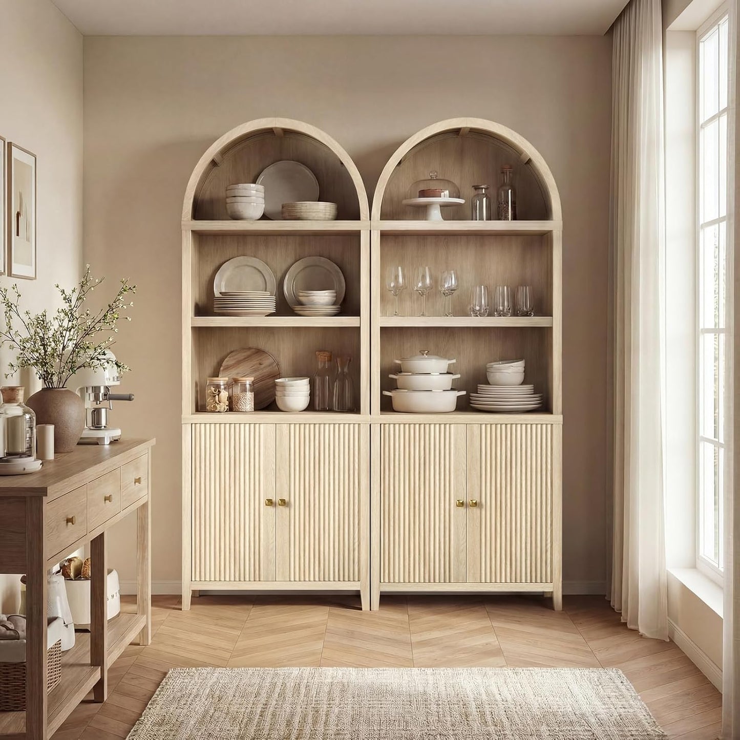 76" Tall Arched Bookcase, 5 Tier Fluted Cabinet with Doors & Adjustable Shelves