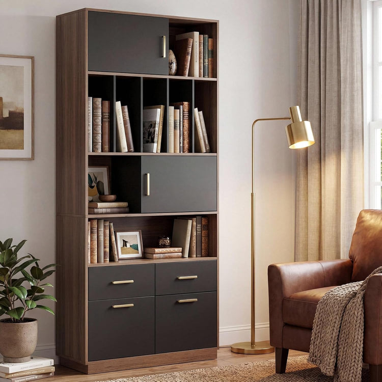 73" Tall Bookcase with 4 Drawers and Doors, Modern Office Storage Cabinet