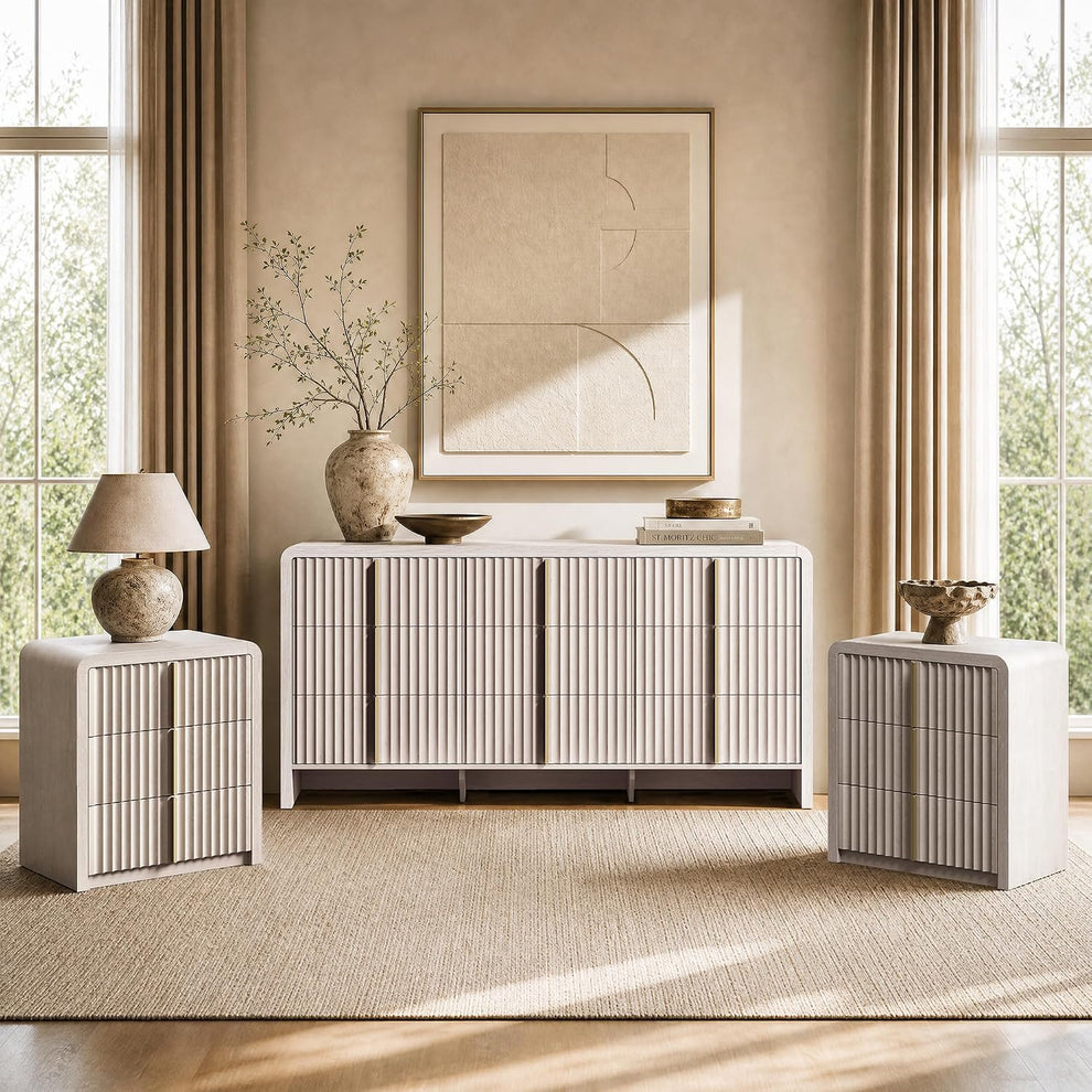 3 Piece Bedroom Set, 9 Drawer Dresser, and 2 Nightstands with Charging Stands